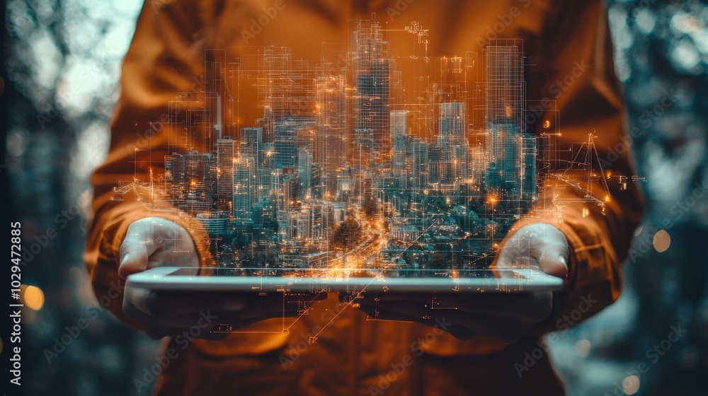 Poster close-up of hands interacting with a tablet displaying digital interface, showcasing technology and 