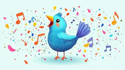 Fototapeta premium Cheerful Cartoon Bird Singing Joyfully Amidst Colorful Musical Notes