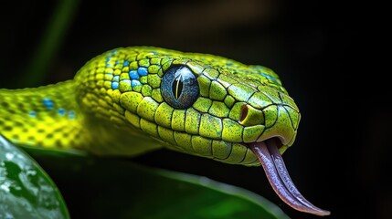 Green Snake with Blue Spots Gracefully Resting, Flicking Tongue in Natural Light