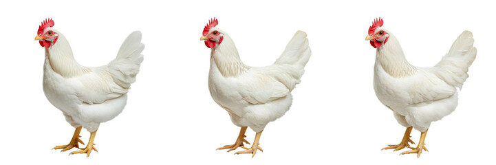 collection Set of A collection Set of white chicken standing on two legs, on a transparent background cutout