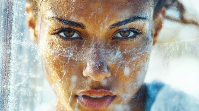 Close-up portrait of a determined female hurdler mid-jump, showcasing strength and focus in an athletic setting with vibrant colors and dynamic movement