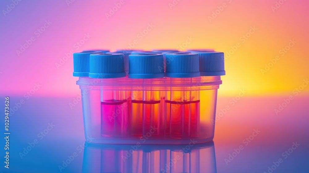 Poster transparent plastic container with small vials on reflective surface against gradient background