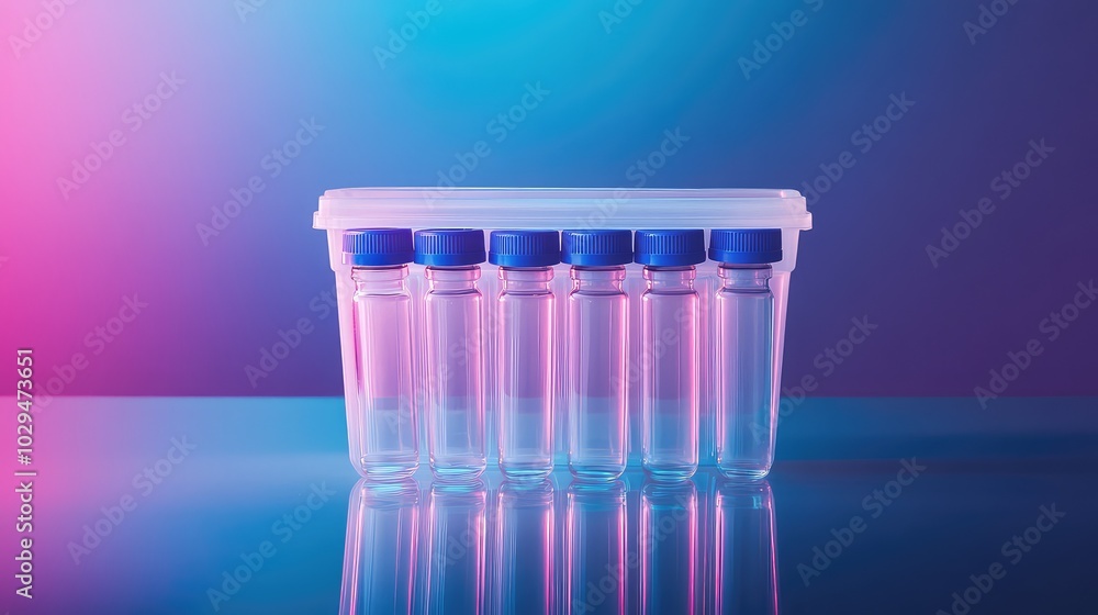 Poster transparent plastic container with small vials on reflective surface against gradient background