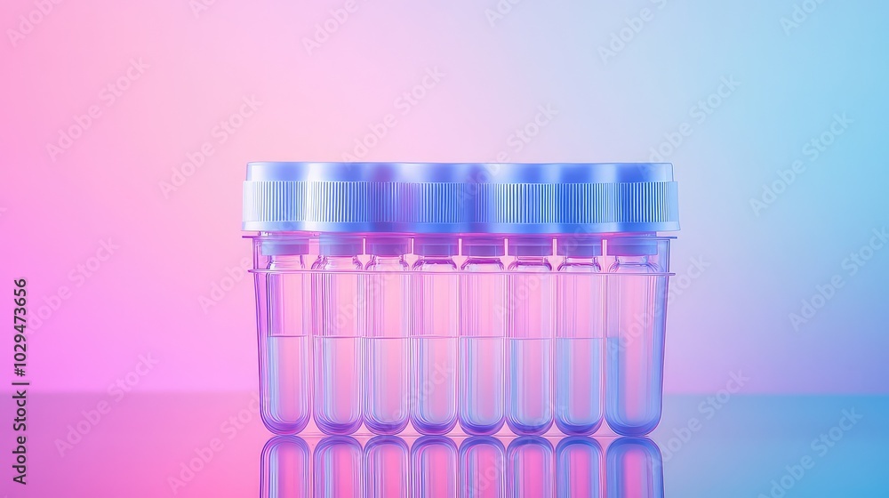 Poster transparent plastic container with small vials on reflective surface against gradient background