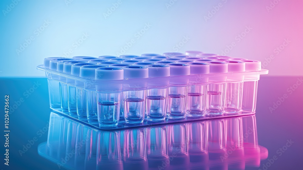 Poster transparent plastic container with small vials on reflective surface against gradient background