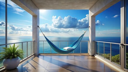 Fototapeta premium Stunning blue balcony overlooking ocean with cozy amaca swinging in gentle breeze