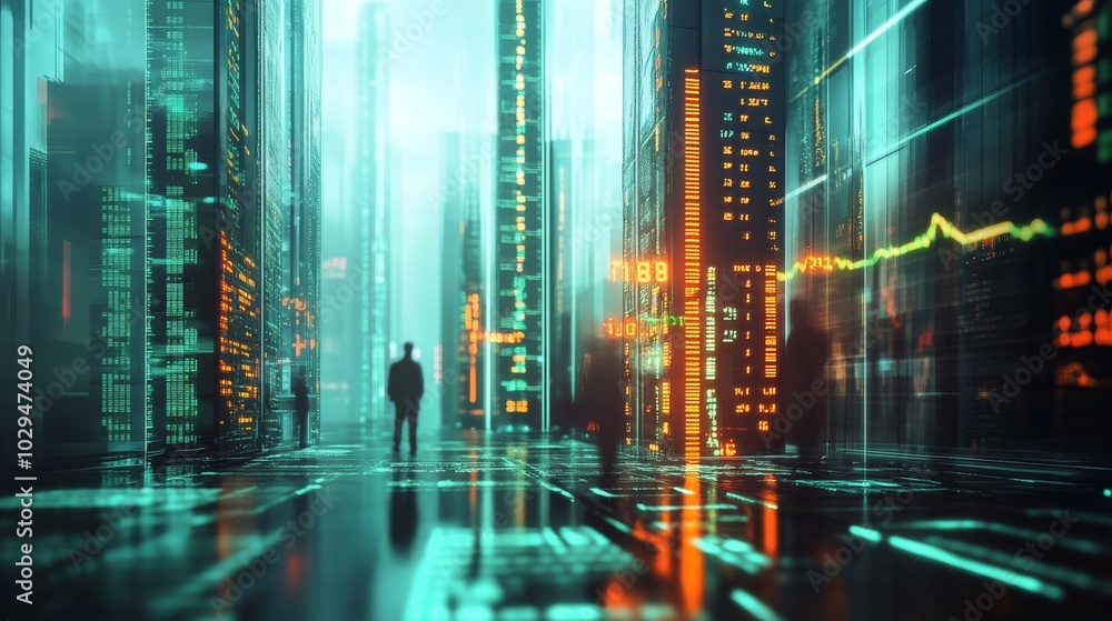 Poster futuristic cityscape with data and code.