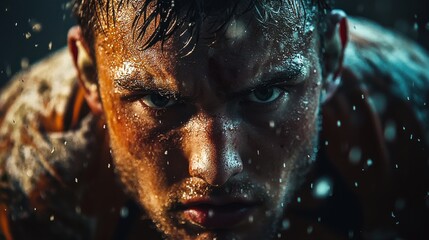 Intense close-up portrait of a determined male rugby player with mud on his face