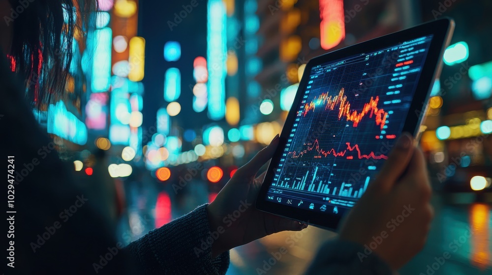 Poster close-up of a person analyzing stock market data on a digital tablet with financial graphs and chart
