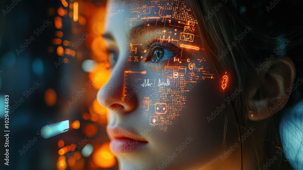 Aufkleber close-up portrait of a person interacting with a digital augmented reality interface, symbolizing in