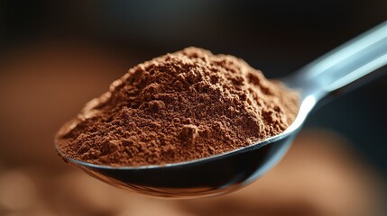 Naklejka premium Exploring the Rich Texture of Cocoa Powder on a Spoon - High-Resolution Image with Blurred Background Showcasing Fine Quality