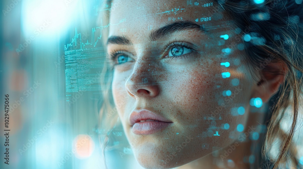 Poster close-up portrait of a woman using wearable technology with digital data overlay on her face showing