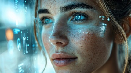 Close-up portrait of a woman analyzing data on a digital screen with concentration and futuristic overlay effects
