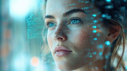 Close-up portrait of a woman using wearable technology with digital data overlay on her face showing futuristic interface and innovation