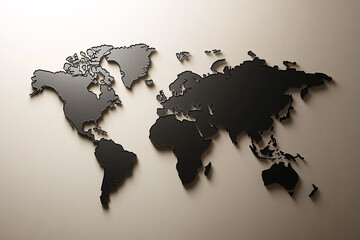 Sleek 3D black world map on a beige wall, featuring minimalist design and smooth continents for a modern, elegant aesthetic
