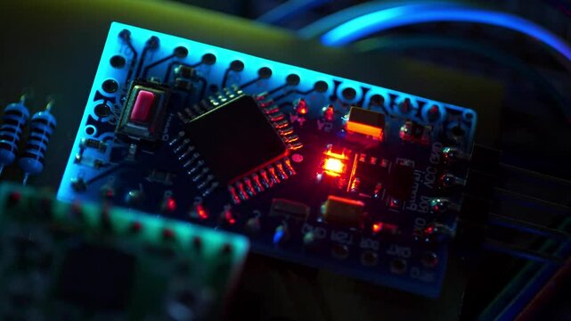 Electronics inspection. Electronic circuit with burning red LED light bulb in blinking ultraviolet light. Microcircuit with electronic components connected to power supply. Microcircuit, resistors