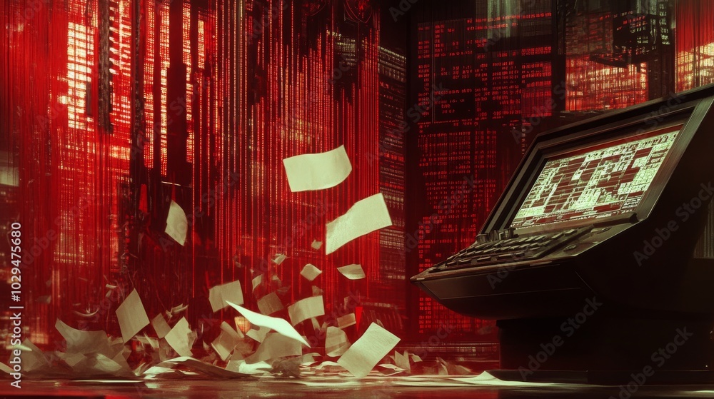 Poster cyberpunk cityscape with computer terminal and flying papers.