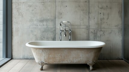 A classic clawfoot bathtub with an aged finish stands poised against a minimalist concrete wall, blending rustic elegance with modern simplicity in a serene space.