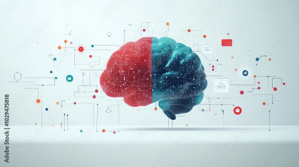 Poster a stylized brain illustration with digital elements representing technology and thought processes.