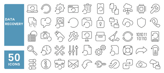Set of 50 line icons related to data recovery, restore, backup, fix, renew, return, refresh, recover, Editable stroke. Vector illustration