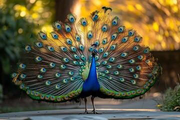 Obraz premium A majestic peacock proudly displays its vibrant and iridescent tail feathers.