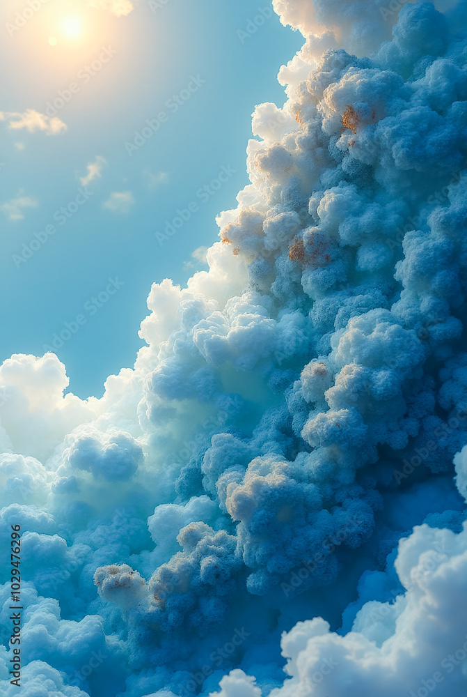 Poster fluffy clouds stretch across the sky, bathed in soft sunlight, creating a tranquil and serene atmosp