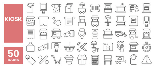 Set of 50 line icons related to kiosk, ticket, receipt, machine, shop, payment, touch, barcode, monitor, Editable stroke. Vector illustration