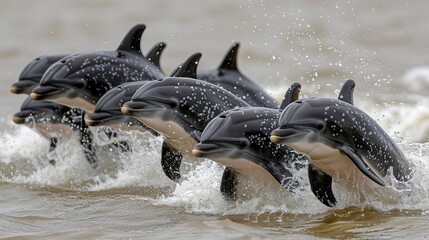 Obraz premium A lively pod of dolphins swims gracefully through the vibrant ocean waters, showcasing beauty.