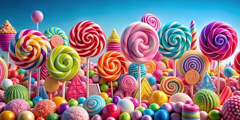 Vibrant candy land landscape with colorful candies and lollipops reflected in water
