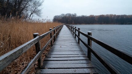 Naklejka premium A frosty wooden pier elegantly stretching into the expansive, icy lake, bordered by reeds and trees, representing cold, silence, and introspection.
