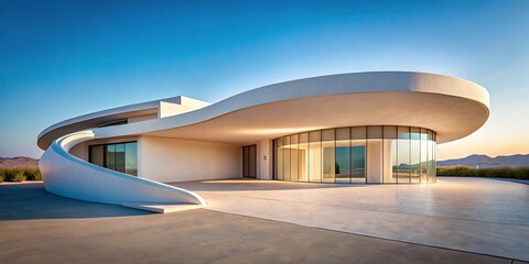 Obraz premium Modern architectural structure with curved white walls and a flat roof in a desert environment