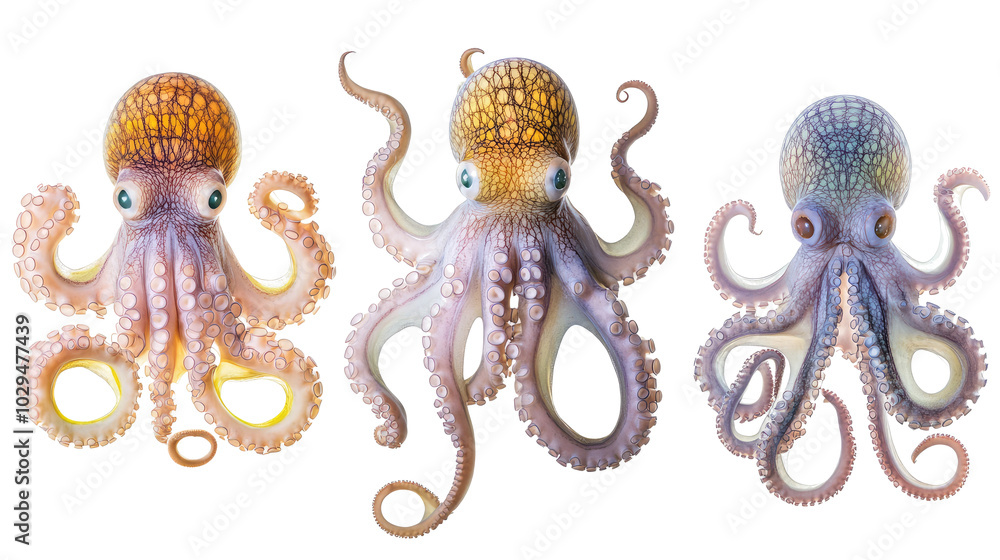 Poster colorful collection of three octopuses displayed on a white background generative ai