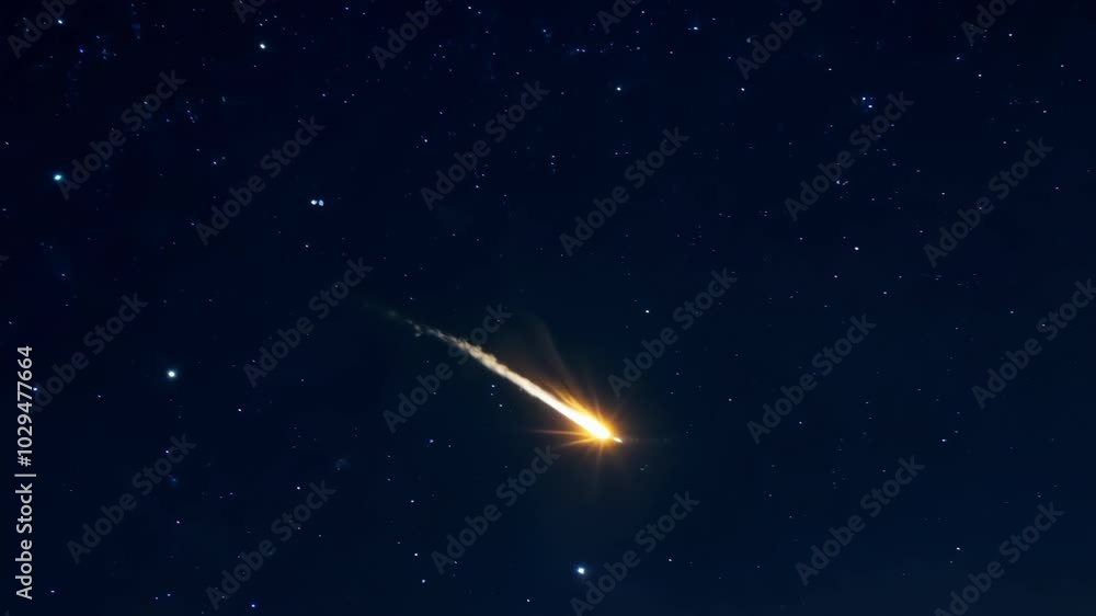 Poster Bright meteor is burning up in the earth atmosphere, creating a streak of light against the backdrop of a starry night sky. The image evokes a sense of awe and wonder at the vastness of space