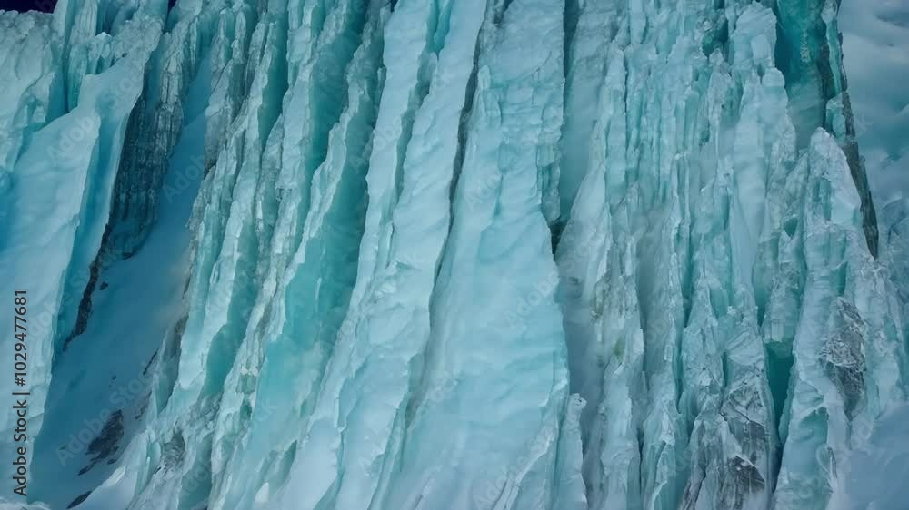 Poster seracs of a turquoise glacier are reflecting in calm water in a polar region. the glacier ice is sho
