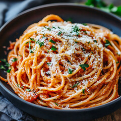 spaghetti with sauce and cheese on the plate