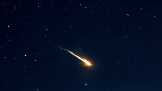 Bright meteor is burning up in the earth atmosphere, creating a streak of light against the backdrop of a starry night sky. The image evokes a sense of awe and wonder at the vastness of space