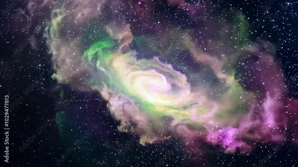 Poster colorful spiral galaxy is shining brightly in space surrounded by a nebula cloud of gas and dust, wi