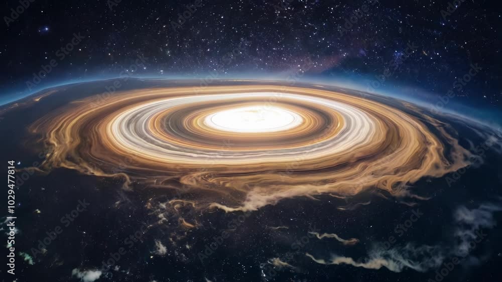 Poster giant spiral galaxy is forming over planet earth, as seen from space. this abstract and conceptual i
