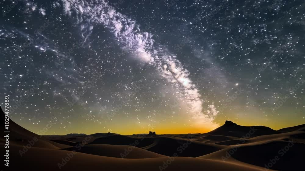 Poster the milky way galaxy is arching over sand dunes in the desert at twilight, creating a breathtaking a