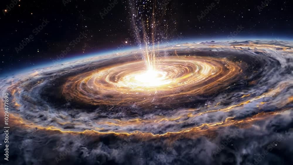 Poster swirling wormhole is opening above a planet in this space image, making a beautiful and unusual conc