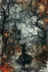 halloween witch in the forest background