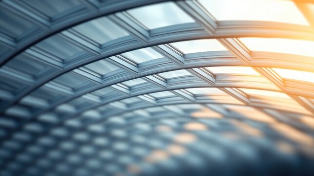Dynamic architectural space featuring a geometric glass ceiling. The warm sunlight enhances its intricate design, creating an awe-inspiring mix of art and functionality.