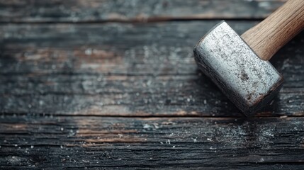 A heavy metal hammer lies prominently on a textured rustic wooden surface, capturing the essence of manual labor and timeless craftsmanship.