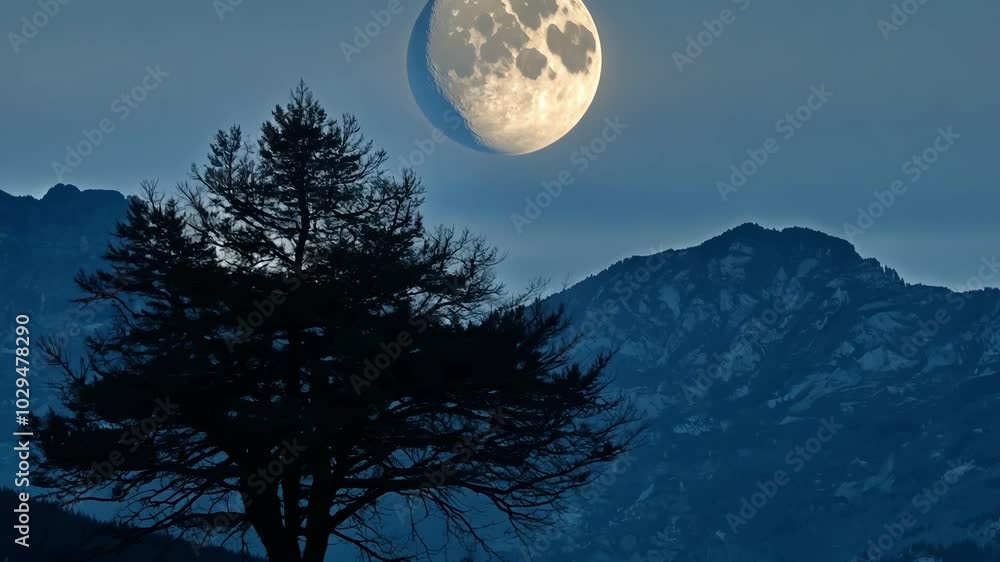 Poster lone tree stands tall against the deep blue evening sky, with a bright moon shining over a majestic 