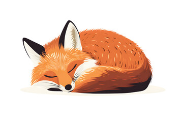 a fox curled up sleeping, with a peaceful expression, isolated on a white background 