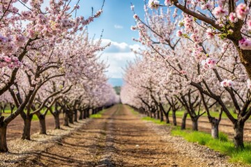 Planting almond trees with white and pink flowers in a plantation
