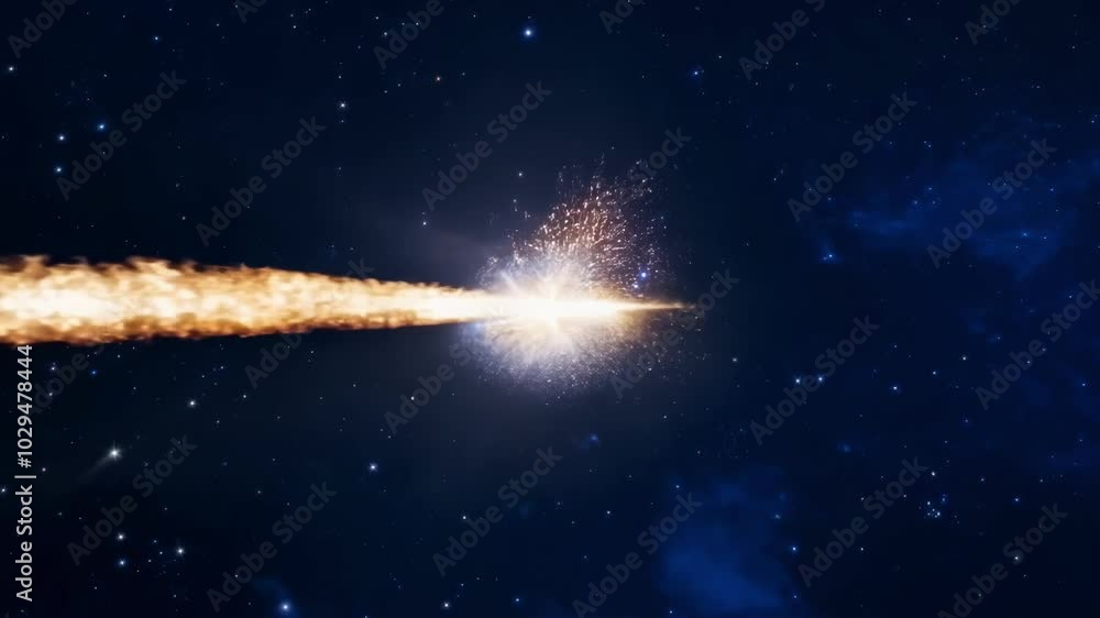 Poster bright comet is blazing through the dark depths of outer space, leaving a trail of fire and light in