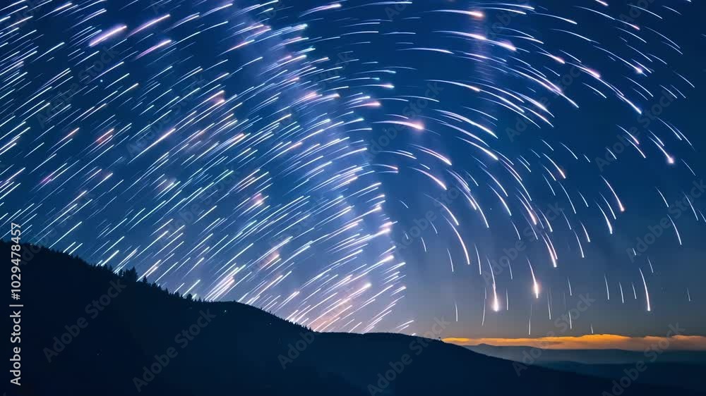 Poster Beautiful long exposure showcasing the mesmerizing movement of the stars in the night sky, creating a captivating swirl effect
