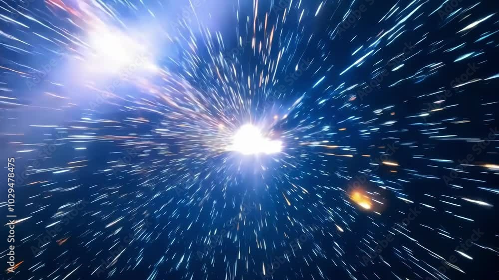 Poster Abstract background simulating a journey at the speed of light with streaks of light converging at a central bright point