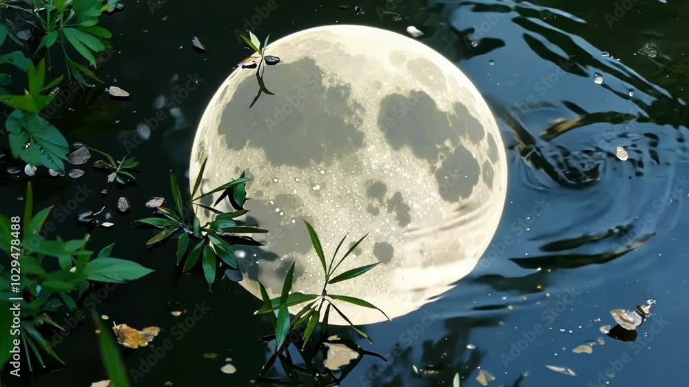 Aufkleber Full moon is reflecting on the surface of a body of water surrounded by plants. The moon is surrounded by ripples in the water